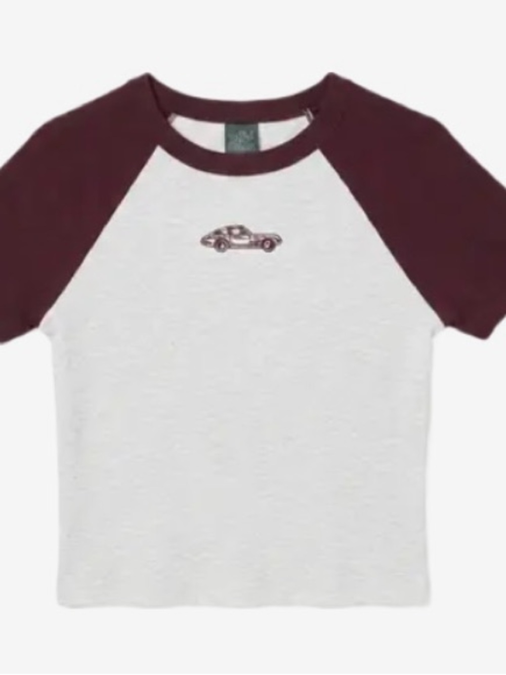 Cropped Light Gray Tee with Maroon Sleeves and Car Graphic